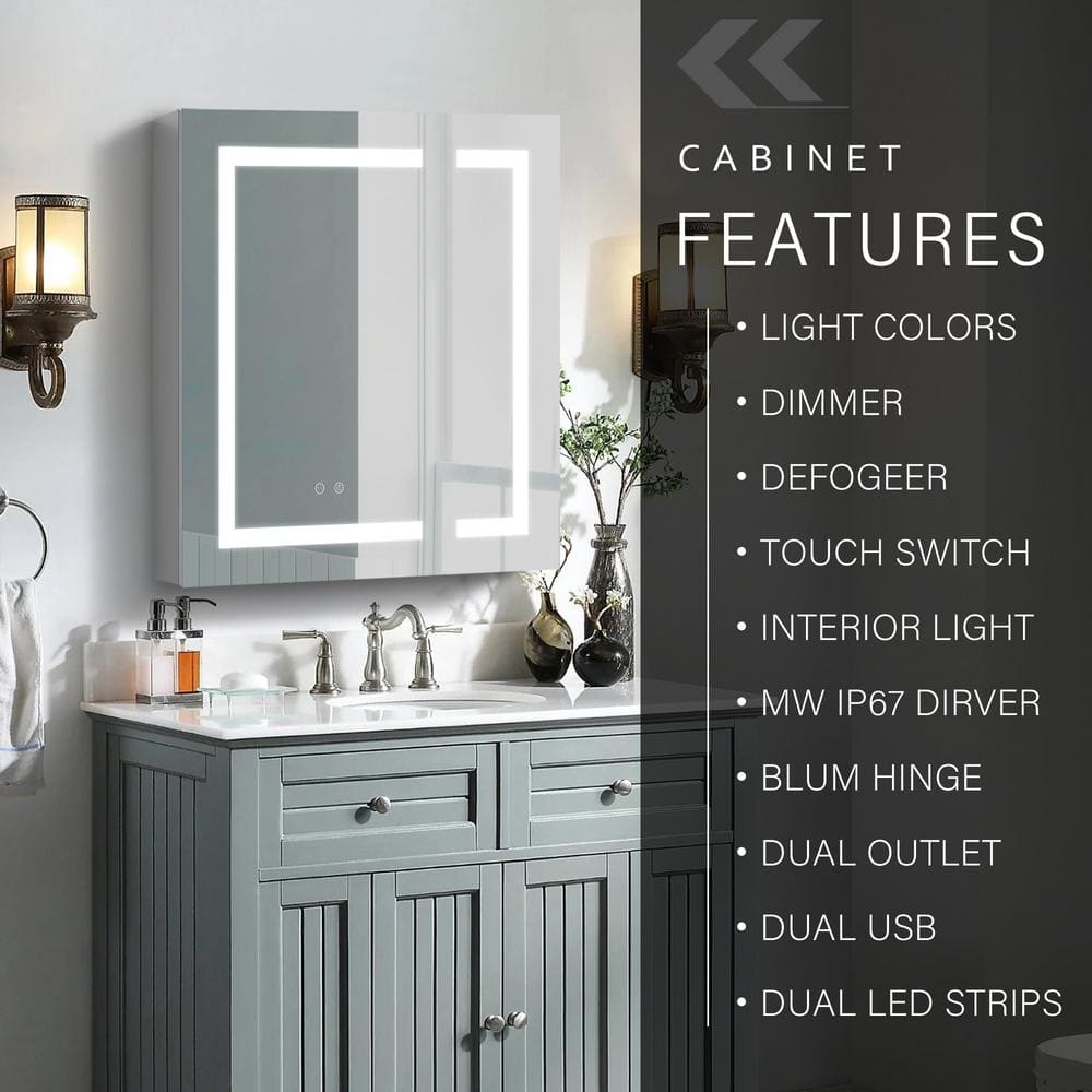 WELLFOR 30 in. W x 30 in. H Rectangular Aluminum Recessed or Surface Mount Medicine Cabinet with Mirror and Lighted,Double Doors