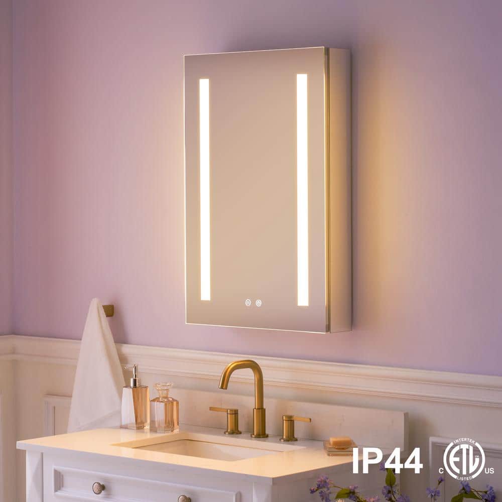 WELLFOR 20 in. W x 30 in. H Rectangular Aluminum Recessed or Surface Mount Medicine Cabinet with Mirror,LED Lights,Defog,3 Shelf