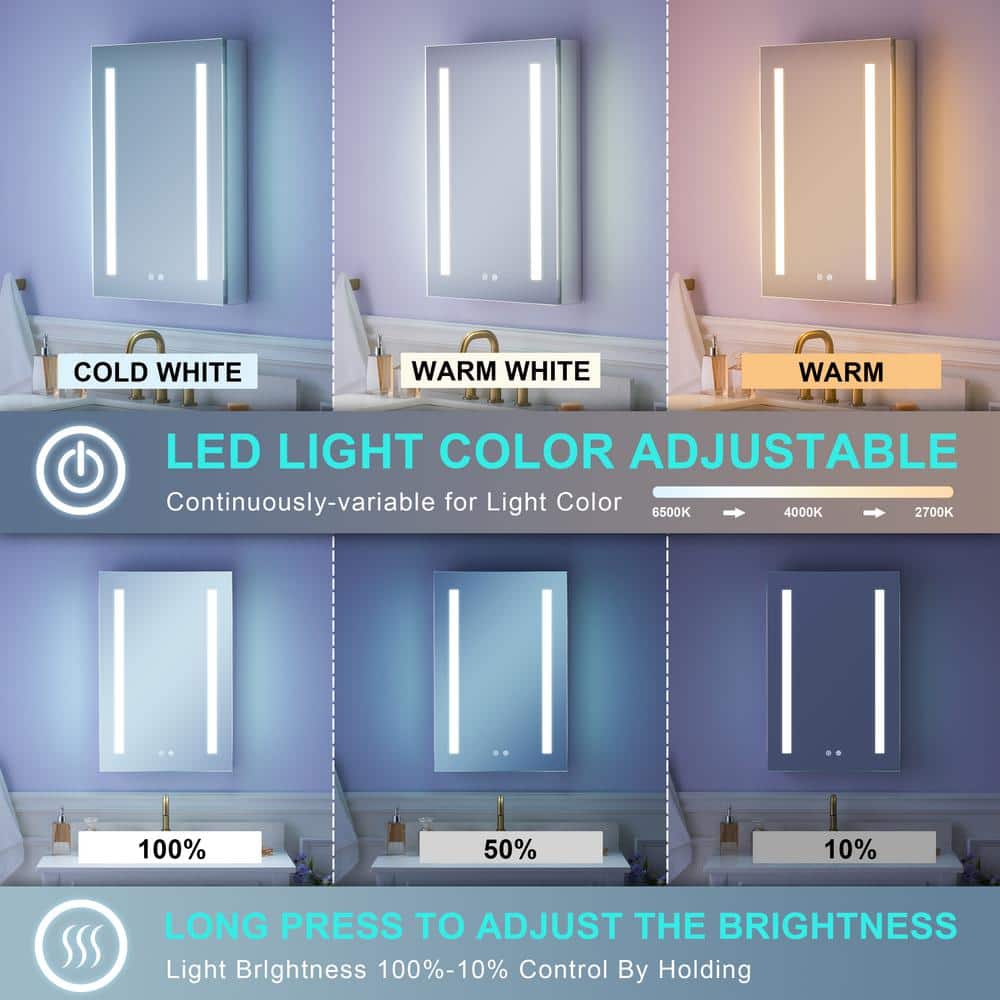 WELLFOR 20 in. W x 30 in. H Rectangular Aluminum Recessed or Surface Mount Medicine Cabinet with Mirror,LED Lights,Defog,3 Shelf
