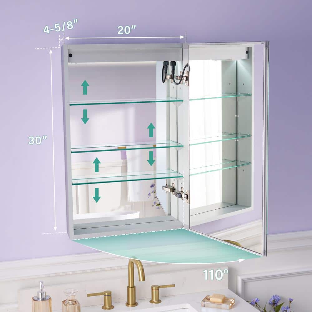 WELLFOR 20 in. W x 30 in. H Rectangular Aluminum Recessed or Surface Mount Medicine Cabinet with Mirror,LED Lights,Defog,3 Shelf
