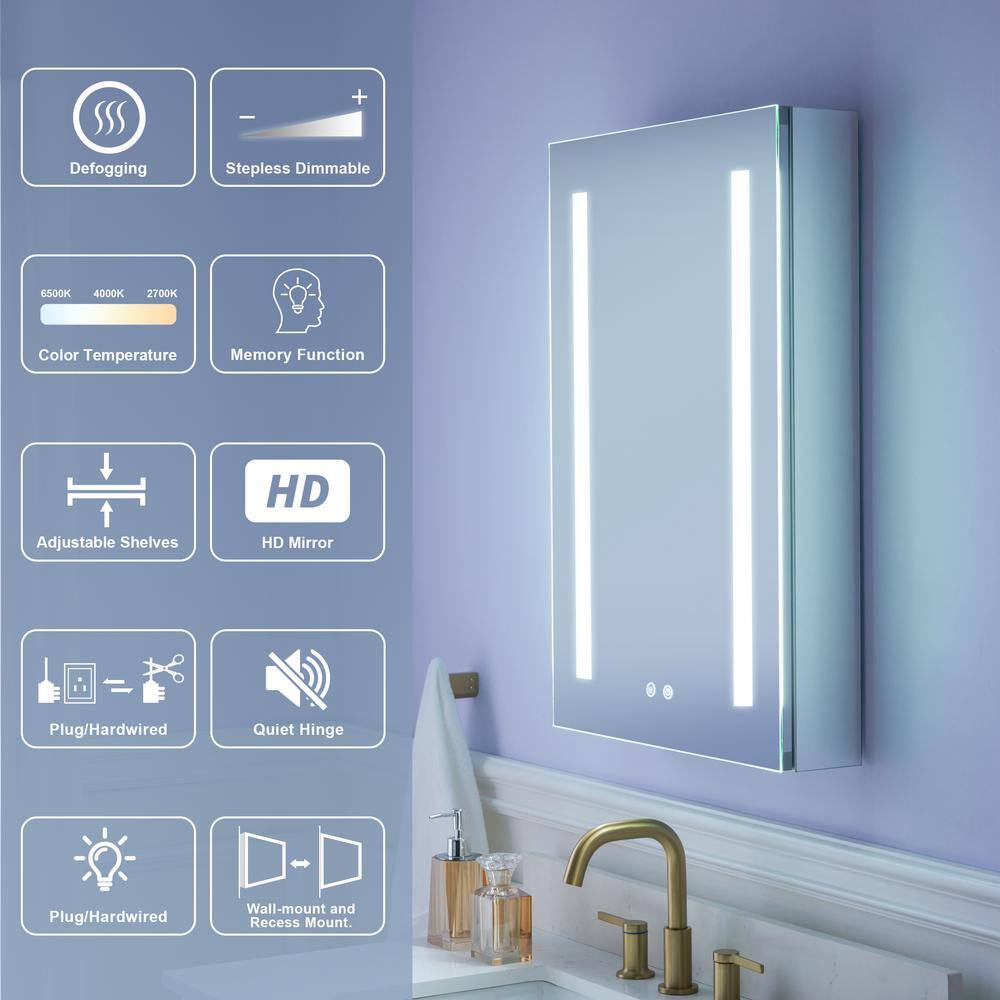 WELLFOR 20 in. W x 30 in. H Rectangular Aluminum Recessed or Surface Mount Medicine Cabinet with Mirror,LED Lights,Defog,3 Shelf