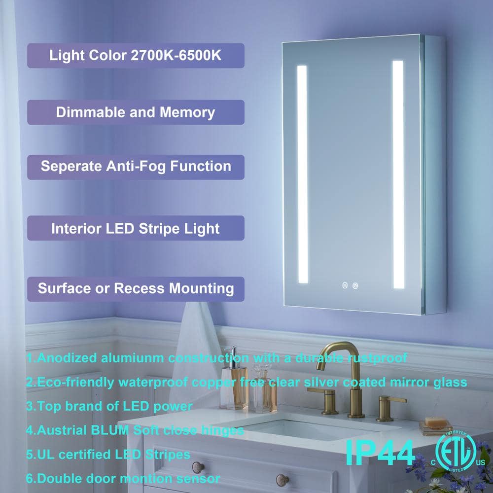 WELLFOR 20 in. W x 30 in. H Rectangular Aluminum Recessed or Surface Mount Medicine Cabinet with Mirror,LED Lights,Defog,3 Shelf
