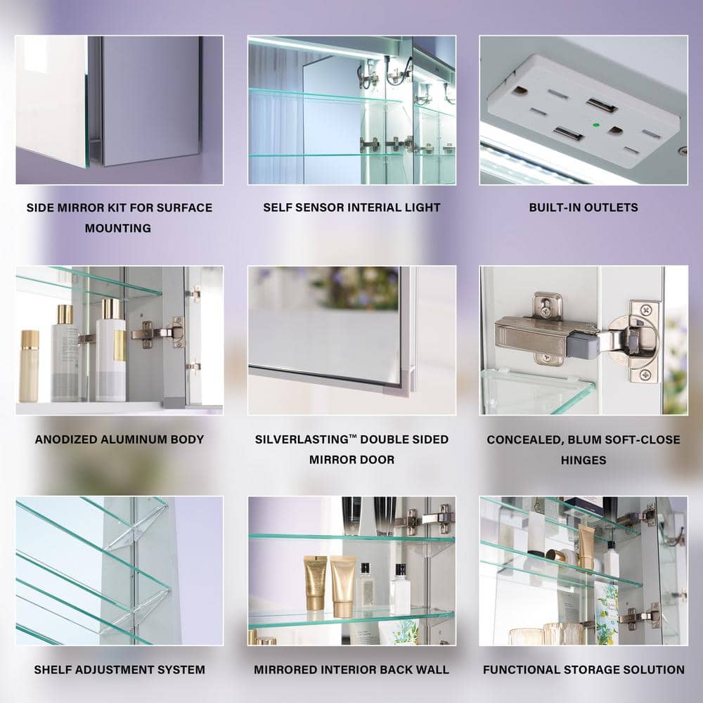 WELLFOR 20 in. W x 30 in. H Rectangular Aluminum Recessed or Surface Mount Medicine Cabinet with Mirror,LED Lights,Defog,3 Shelf
