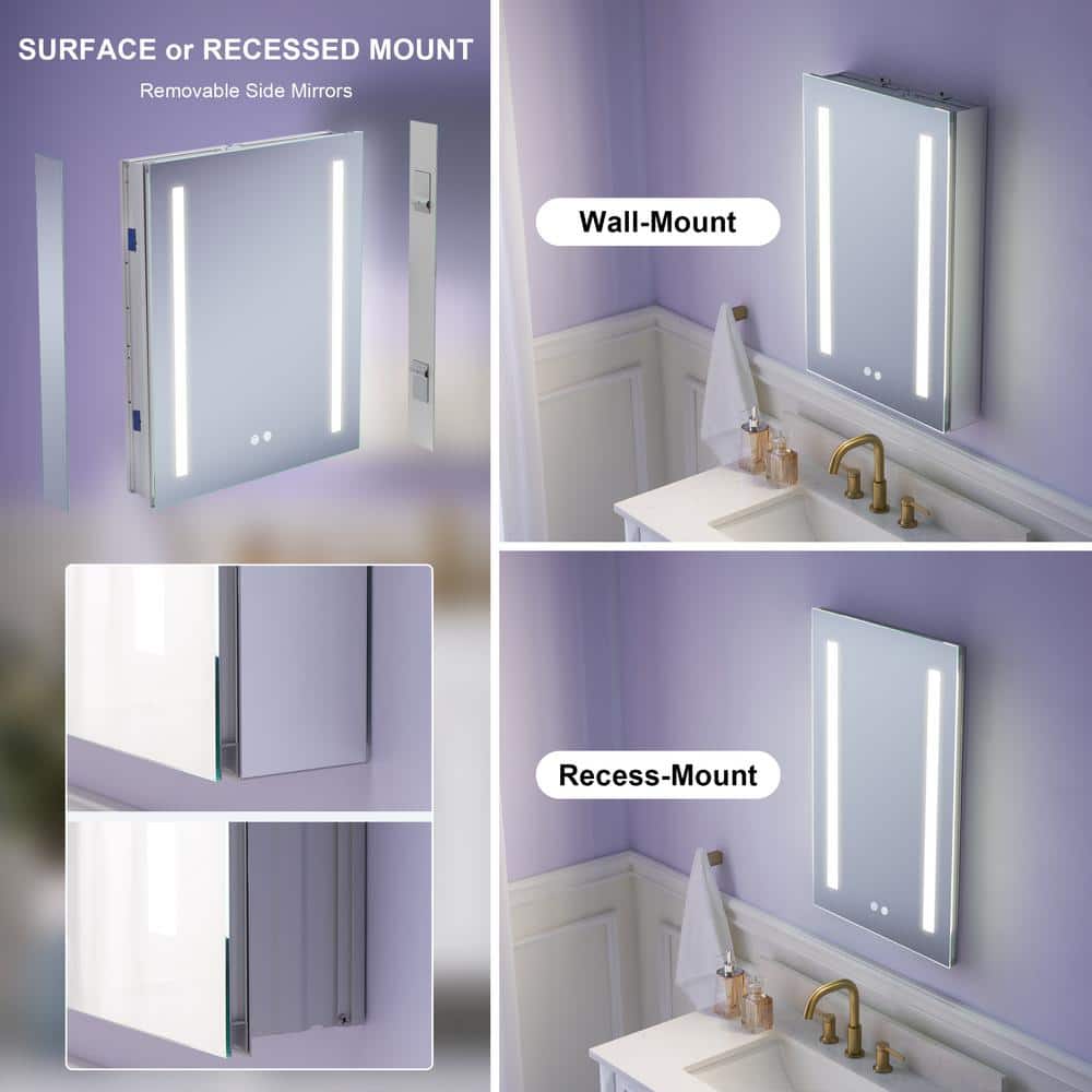 WELLFOR 20 in. W x 30 in. H Rectangular Aluminum Recessed or Surface Mount Medicine Cabinet with Mirror,LED Lights,Defog,3 Shelf