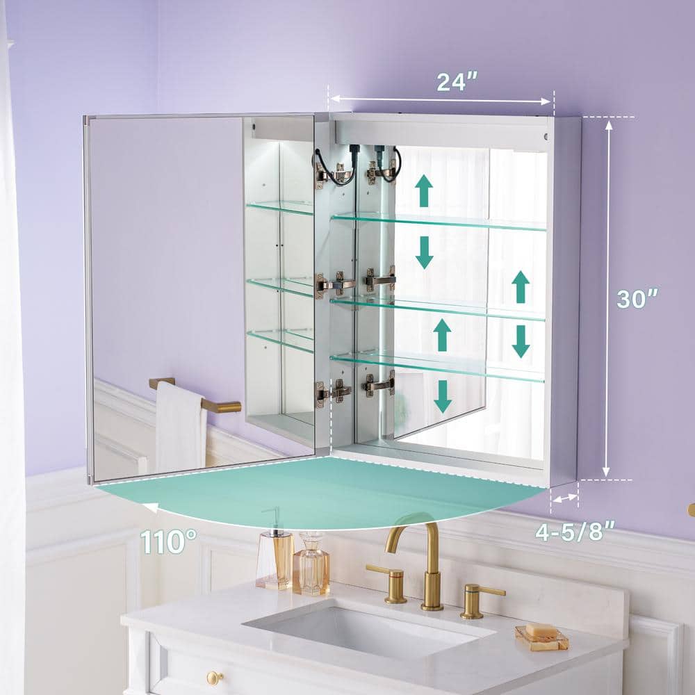 WELLFOR 24 in. W x 30 in. H Rectangular Aluminum Recessed or Surface Mount Medicine Cabinet with Mirror and Lighted, Defog,2 USB