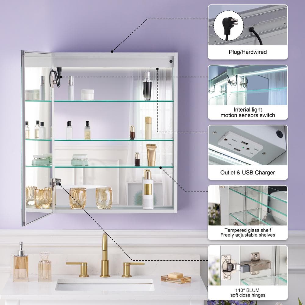 WELLFOR 24 in. W x 30 in. H Rectangular Aluminum Recessed or Surface Mount Medicine Cabinet with Mirror and Lighted, Defog,2 USB