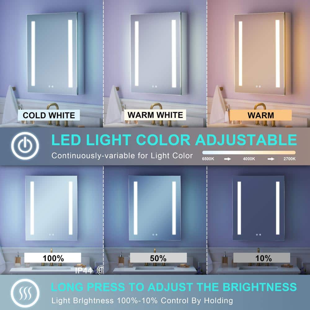 WELLFOR 24 in. W x 30 in. H Rectangular Aluminum Recessed or Surface Mount Medicine Cabinet with Mirror and Lighted, Defog,2 USB