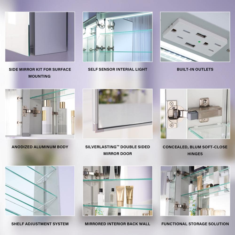 WELLFOR 24 in. W x 30 in. H Rectangular Aluminum Recessed or Surface Mount Medicine Cabinet with Mirror and Lighted, Defog,2 USB