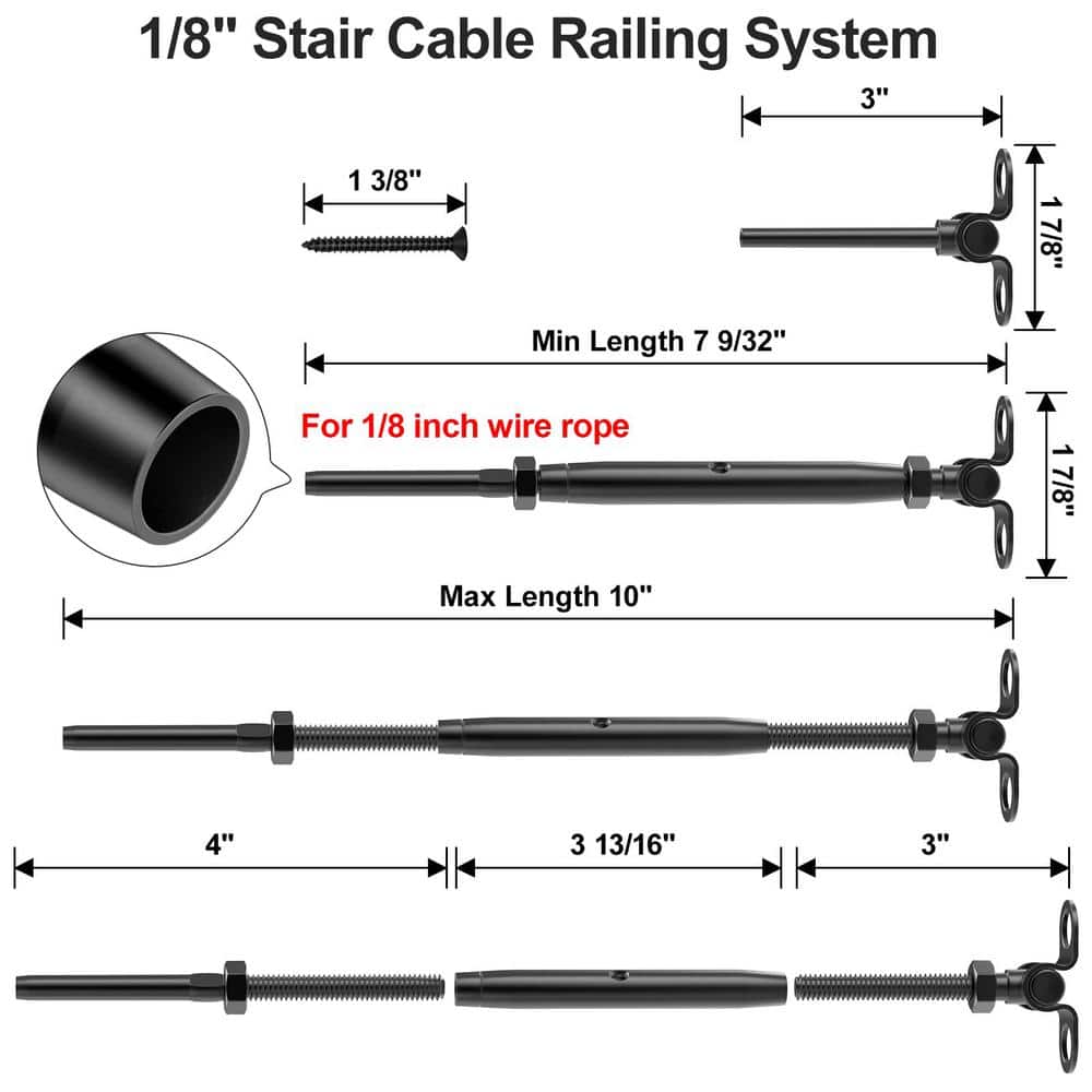 Angel Sar 1/8 in. Black Cable Railing Hardware, T316 Stainless Steel Adjustable Angle 1/8 in. Black Cable Railing Kit (10-Pack)