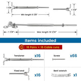 Angel Sar 16-Pairs T316 180° 1/8 in. Swage Toggle Turnbuckle Hardware, Cable Railing Kit for Wood Post Wire Rope, Marine Grade