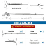 Angel Sar 10 Pairs 180° Adjustable Stainless Steel Cable Railing Kit, 1/8 in. Swage Toggle Turnbuckle Hardware