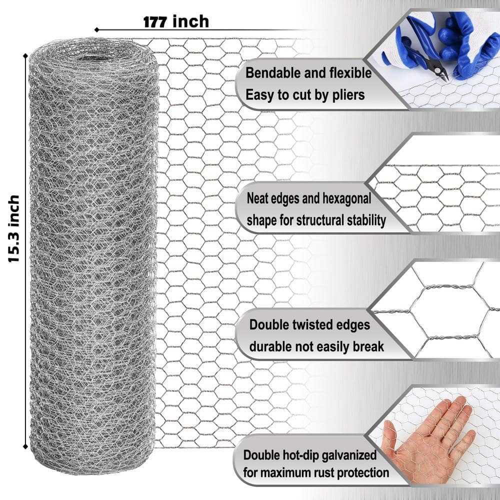 Angel Sar 15.3 in. x 14.7 ft. Chicken Wire Fencing Mesh, 0.6 in. Hexagonal Galvanized Hardware Cloth for Coop Barrier Rabbit Cage