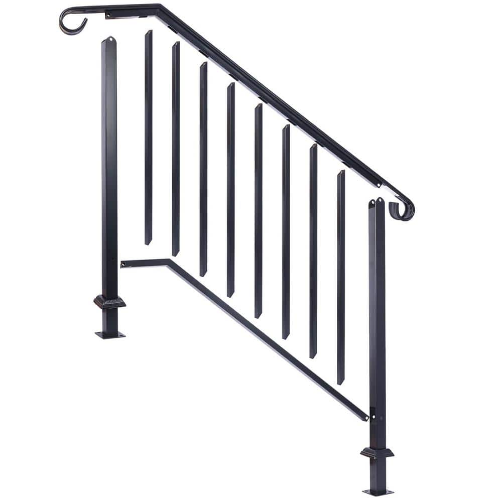 Angel Sar 66 in. H x 47 in. W Black Wrought Iron Handrails, Outdoor Stair Railing Kit for 3 Steps or 4 Steps