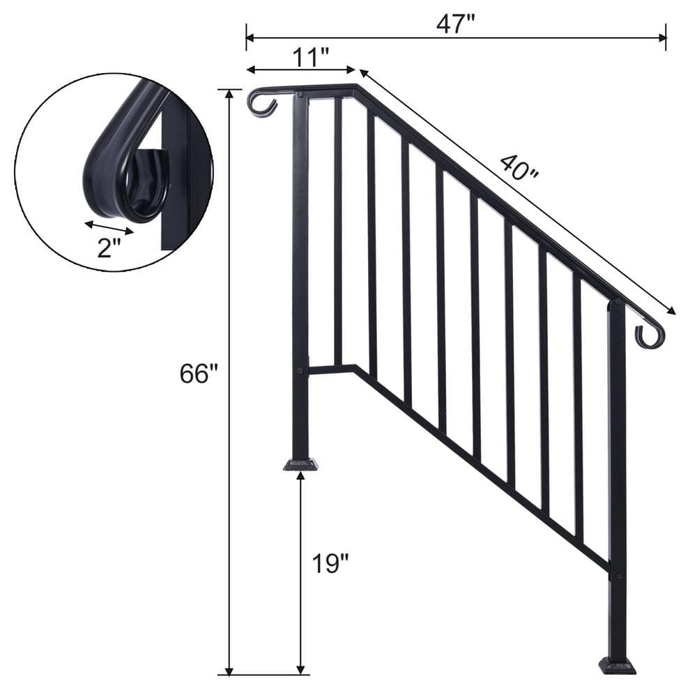 Angel Sar 66 in. H x 47 in. W Black Wrought Iron Handrails, Outdoor Stair Railing Kit for 3 Steps or 4 Steps