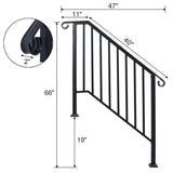 Angel Sar 66 in. H x 47 in. W Black Wrought Iron Handrails, Outdoor Stair Railing Kit for 3 Steps or 4 Steps