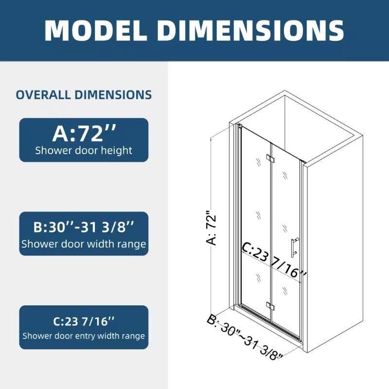 ANGELES HOME 30-31 3/8 in. W x 72 in. H Bi-Fold Semi-Frameless Shower Door in Matte Black Finish with 1/4 in. Tempered Clear Glass