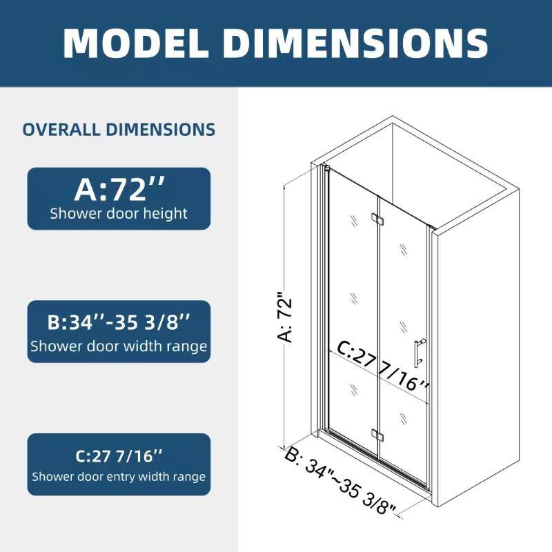 ANGELES HOME 34-35 3/8 in. W x 72 in. H Bi-Fold Semi-Frameless Shower Door in Matte Black Finish with 1/4 in. Tempered Clear Glass