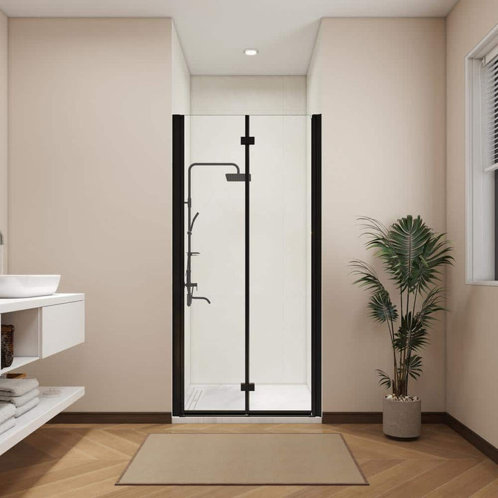 ANGELES HOME 34-35 3/8 in. W x 72 in. H Bi-Fold Semi-Frameless Shower Door in Matte Black Finish with 1/4 in. Tempered Clear Glass