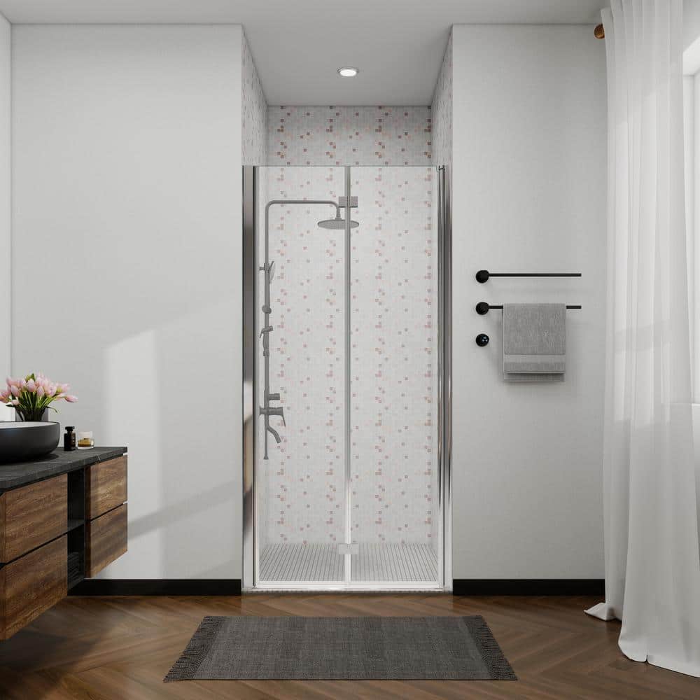ANGELES HOME 34-35 3/8 in. W x 72 in. H Bi-Fold Semi-Frameless Shower Door in Chrome Finish with 1/4 in. Tempered Clear Glass