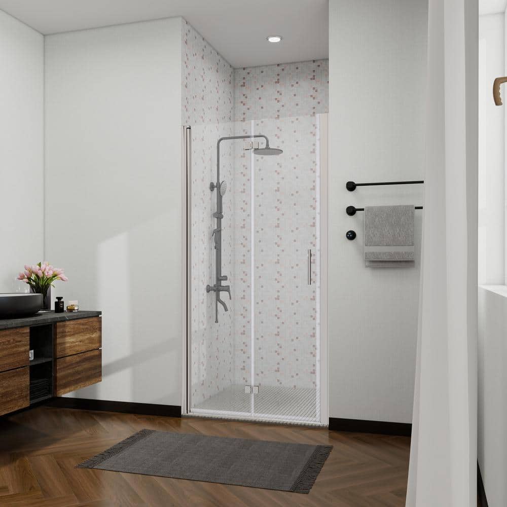ANGELES HOME 34-35 3/8 in. W x 72 in. H Bi-Fold Semi-Frameless Shower Door in Chrome Finish with 1/4 in. Tempered Clear Glass