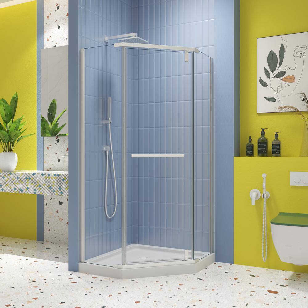 ANGELES HOME 34.75 in. W x 72 in. H Pivot Frameless Shower Door in Matte White with 1/4 in. Tempered Clear Glass