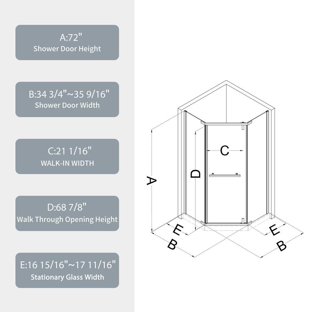 ANGELES HOME 34.75 in. W x 72 in. H Pivot Frameless Shower Door in Matte White with 1/4 in. Tempered Clear Glass