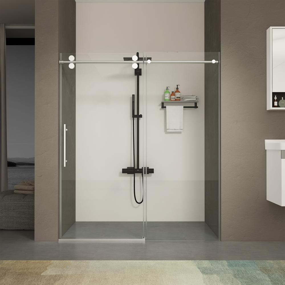 ANGELES HOME 60 in. W x 76 in. H Sliding Frameless Shower Door in Chrome Finish with Clear Glass 3/8 in. (10mm) Tempered and Buffer