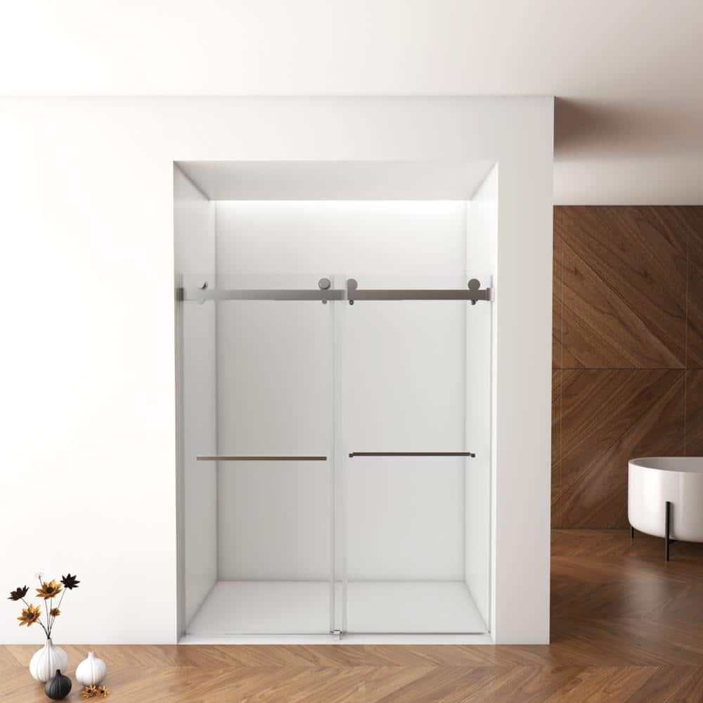 ANGELES HOME 56-60 in. W x 76 in. H Double Sliding Frameless Shower Door in Brushed Nickel Finish with Clear Glass and Buffer