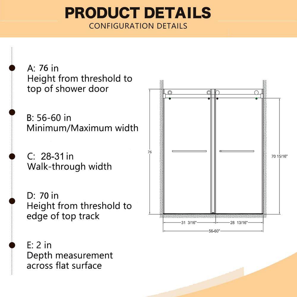 ANGELES HOME 56-60 in. W x 76 in. H Double Sliding Frameless Shower Door in Brushed Nickel Finish with Clear Glass and Buffer
