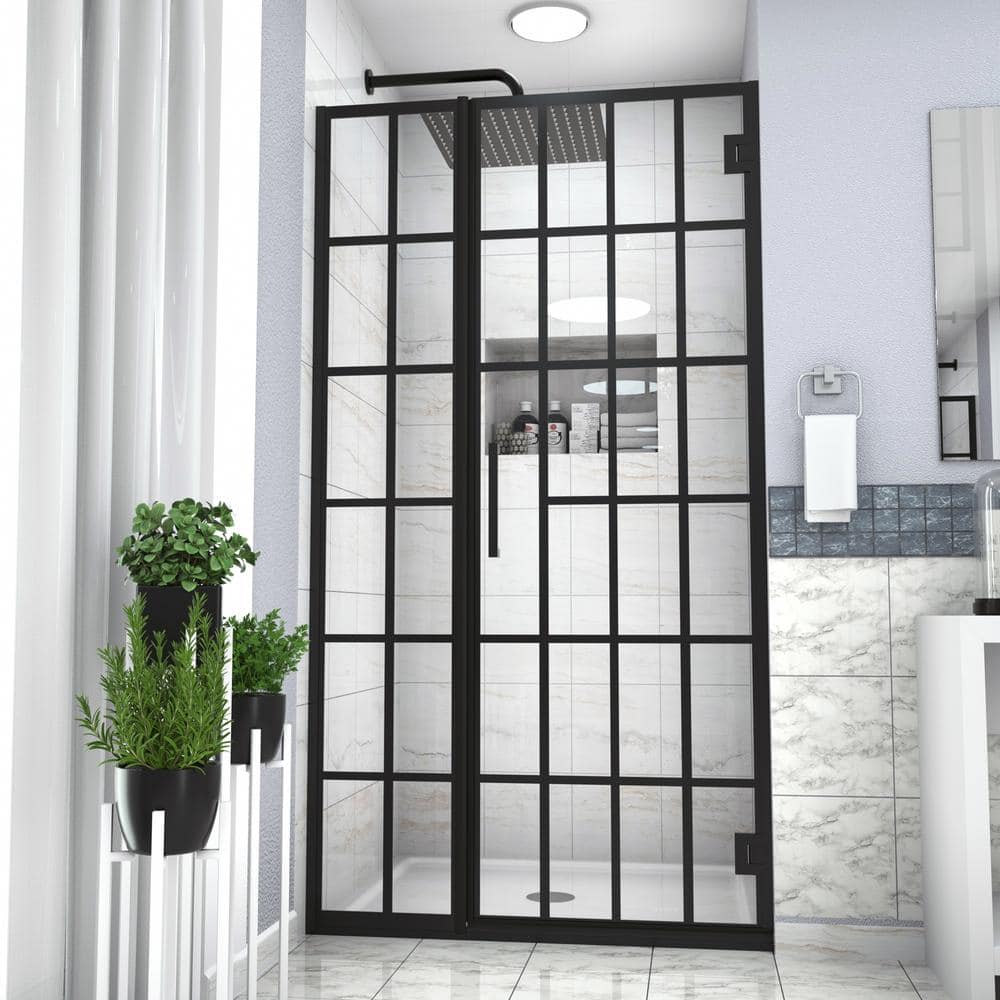 ANGELES HOME 34 in. W x 72 in. H Pivot Frameless Shower Door in Matte Black with Pattern Glass