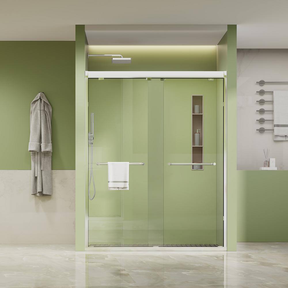 ANGELES HOME 60 in. W x 76 in. H Sliding Framed Shower Door in Silver 1/4 in. (6 mm) Clear Tempered Glass, Self-Cleaning, Big Rollers