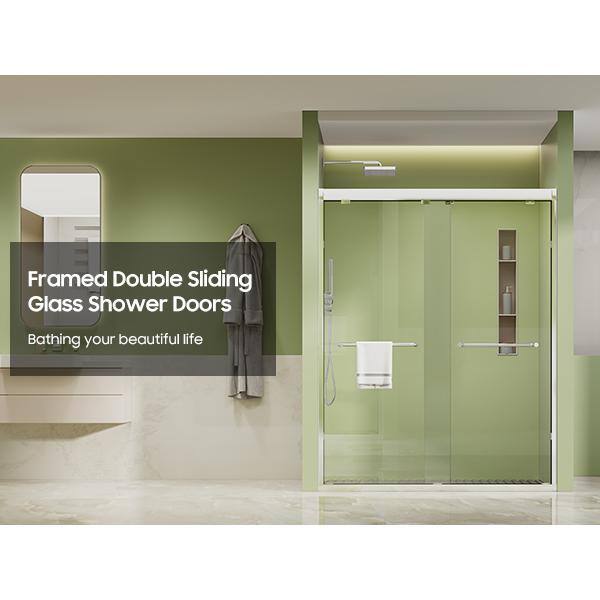 ANGELES HOME 60 in. W x 76 in. H Sliding Framed Shower Door in Silver 1/4 in. (6 mm) Clear Tempered Glass, Self-Cleaning, Big Rollers