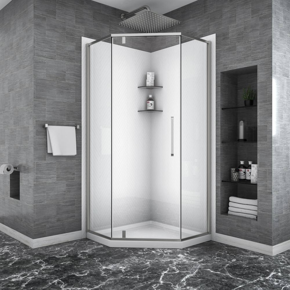 ANGELES HOME 34-1/8 in. W x 72 in. H Neo Angle Pivot Semi Frameless Corner Shower Enclosure in Brushed Nickel Finish with Hardware
