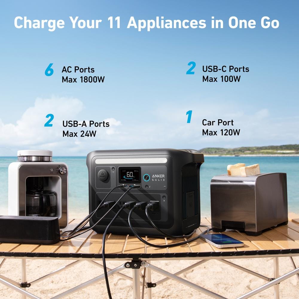 Anker 1800W Output/2400W Peak SOLIX C1000 X Black Push Button Start LFP Battery Powered Generator for Home Backup,Outdoor Trip