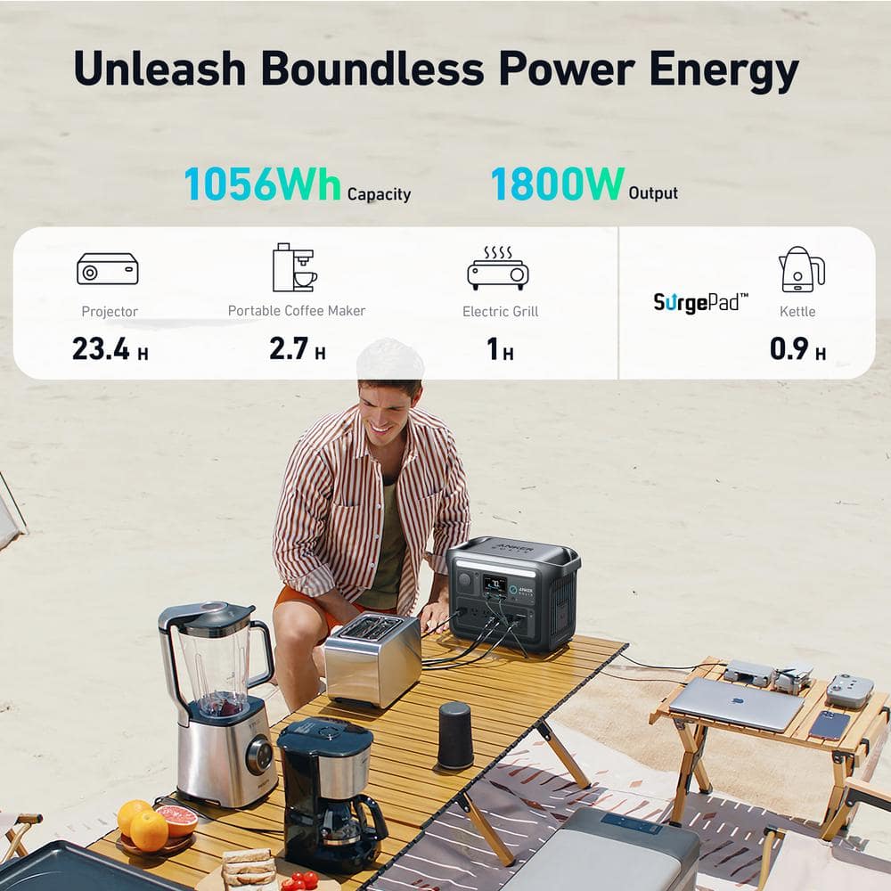 Anker 1800W Output/2400W Peak SOLIX C1000 X Black Push Button Start LFP Battery Powered Generator for Home Backup,Outdoor Trip