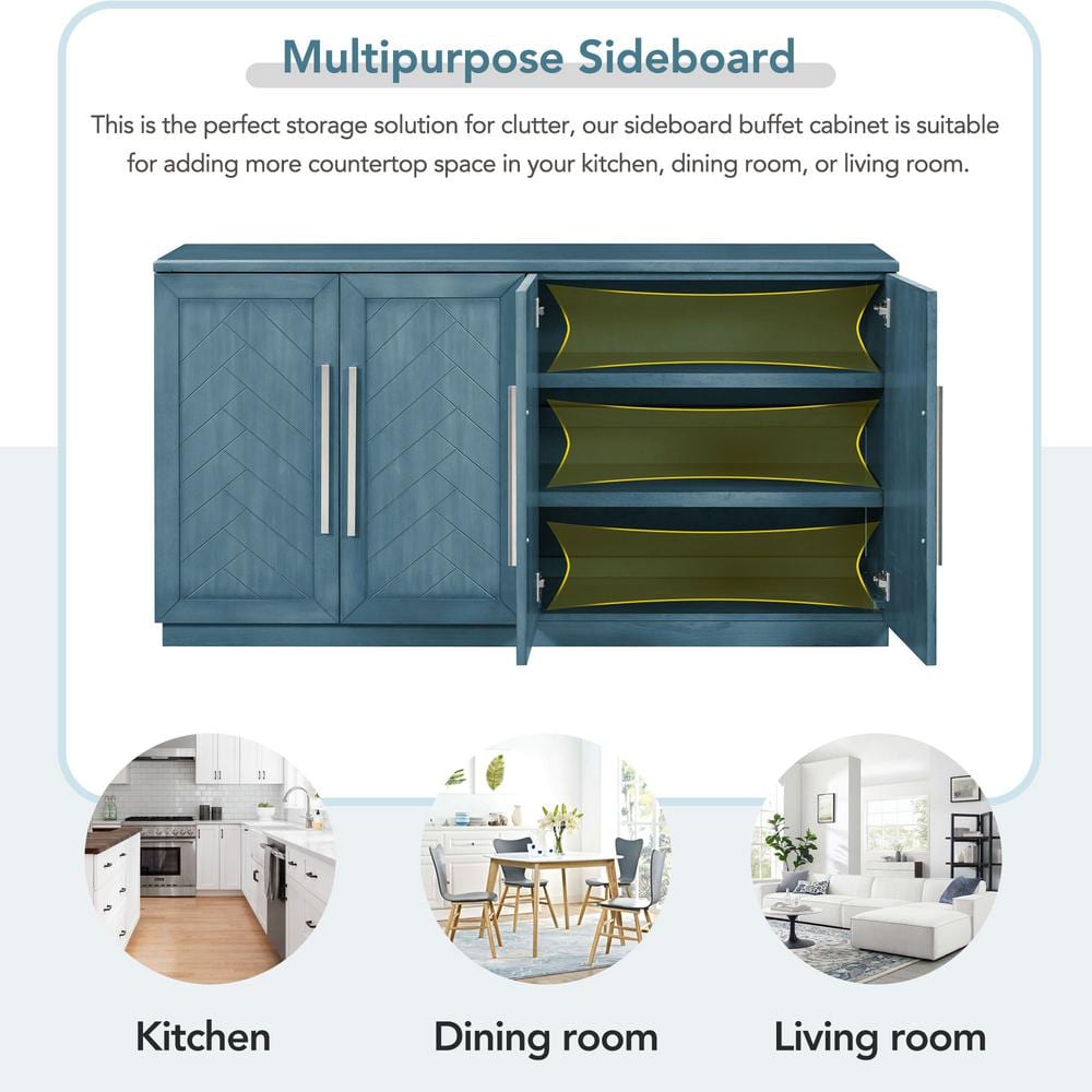 60 in. W x 16 in. D x 32 in. H Antique Blue Rubber Wood Ready to Assemble Kitchen Storage Cabinet with Silver Handles