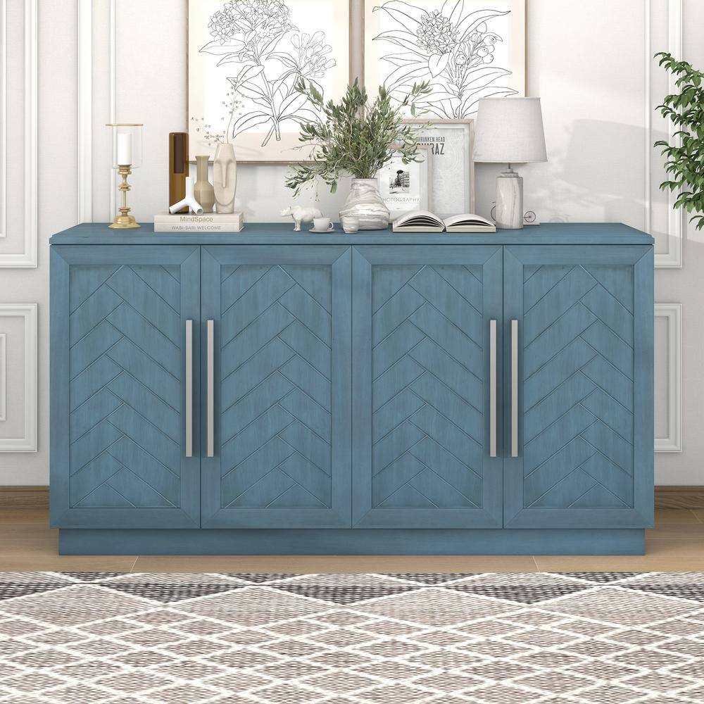 60 in. W x 16 in. D x 32 in. H Antique Blue Rubber Wood Ready to Assemble Kitchen Storage Cabinet with Silver Handles