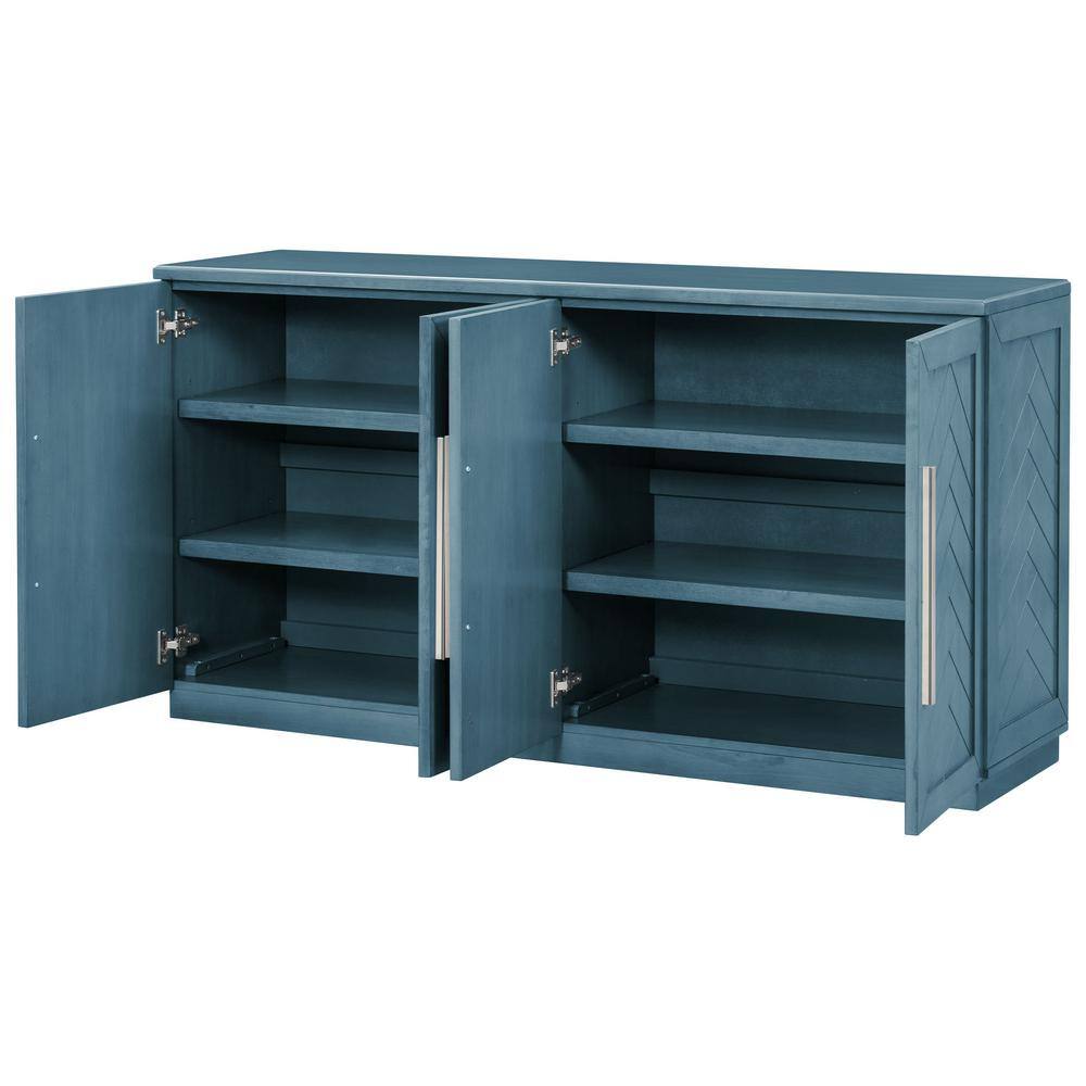 60 in. W x 16 in. D x 32 in. H Antique Blue Rubber Wood Ready to Assemble Kitchen Storage Cabinet with Silver Handles