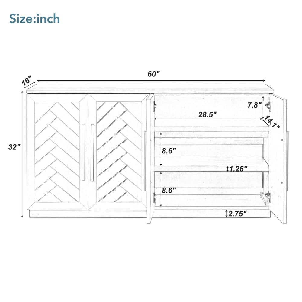60 in. W x 16 in. D x 32 in. H Antique Blue Rubber Wood Ready to Assemble Kitchen Storage Cabinet with Silver Handles