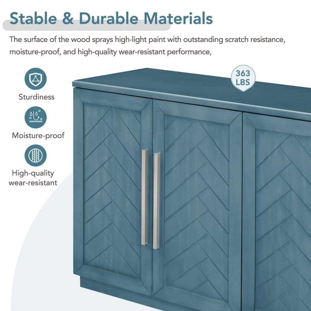 60 in. W x 16 in. D x 32 in. H Antique Blue Rubber Wood Ready to Assemble Kitchen Storage Cabinet with Silver Handles