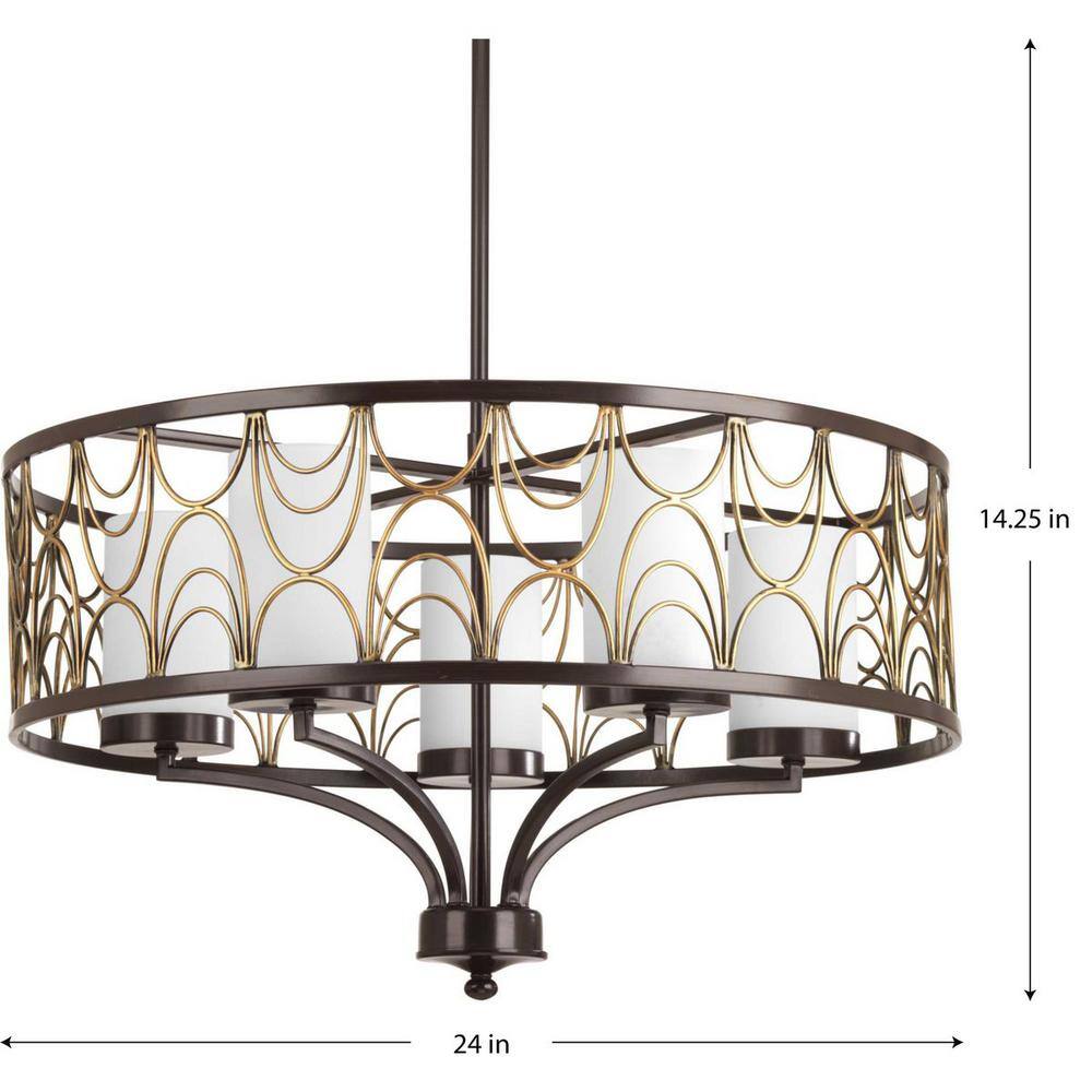 Progress Lighting Cirrine Collection 5-Light Antique Bronze Etched White Glass Global Chandelier Light