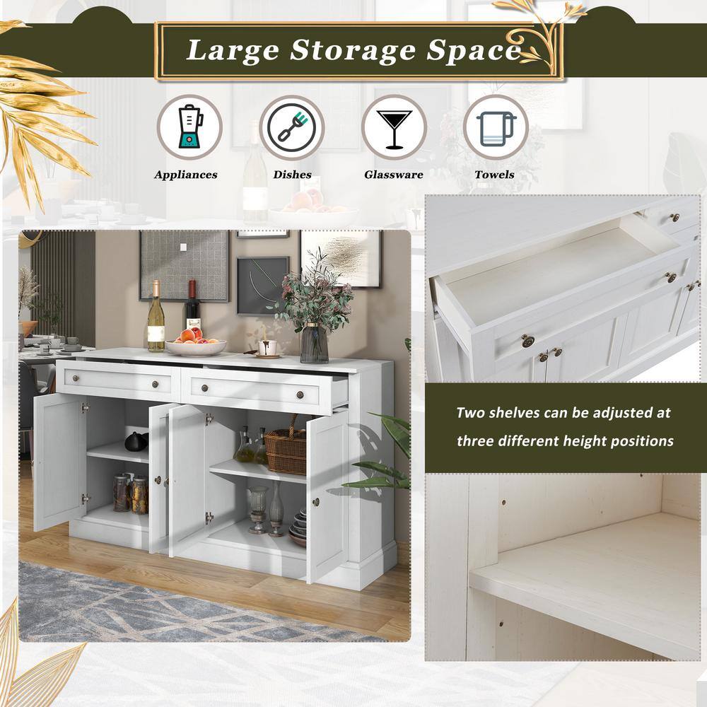 Runesay 60 in. W x 15.7 in. D x 33.9 in. H Antique White MDF Ready to Assemble Kitchen Cabinet Sideboard with Drawers and Doors