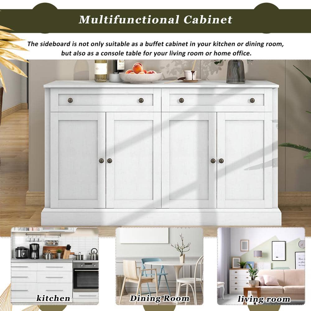 Runesay 60 in. W x 15.7 in. D x 33.9 in. H Antique White MDF Ready to Assemble Kitchen Cabinet Sideboard with Drawers and Doors