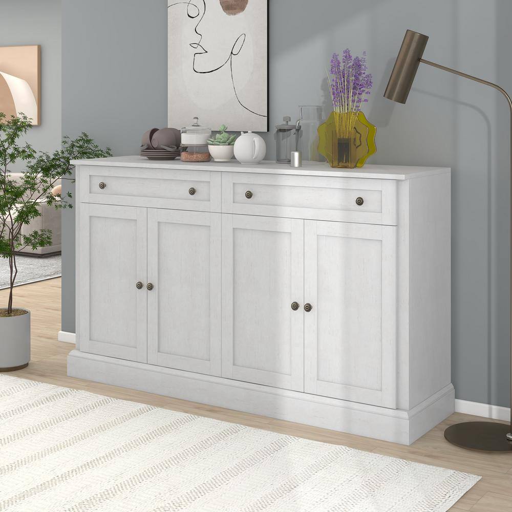 Runesay 60 in. W x 15.7 in. D x 33.9 in. H Antique White MDF Ready to Assemble Kitchen Cabinet Sideboard with Drawers and Doors