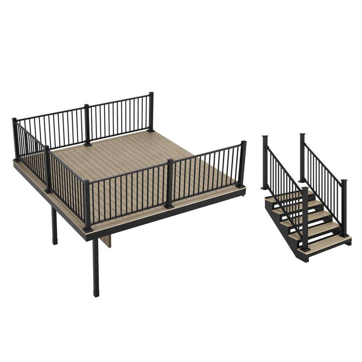 FORTRESS Apex Attached 12 ft. x 12 ft. Artic Birch PVC Deck Kit and 5-Step Stair Kit with Steel Framing and Aluminum Railing