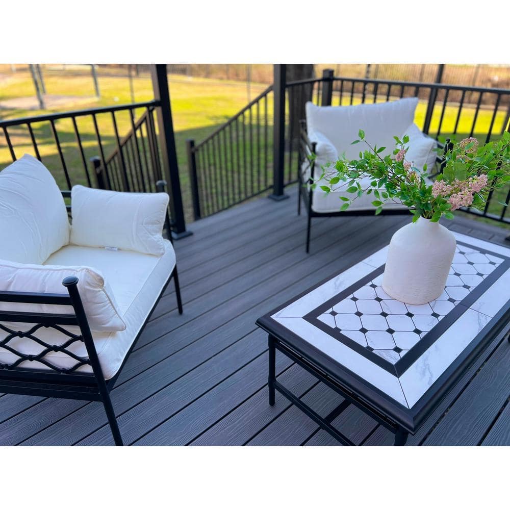FORTRESS Apex Attached 12 ft. x 12 ft. Artic Birch PVC Deck Kit and 5-Step Stair Kit with Steel Framing and Aluminum Railing