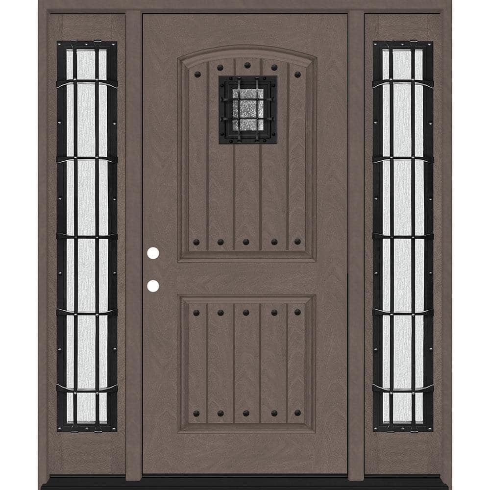 Steves & Sons Regency 68 in. x 80 in. 2-Panel Plank Cavalier Speakeasy RHIS Ashwood Fiberglass Prehung Front Door with Double 14 in. Sidelites