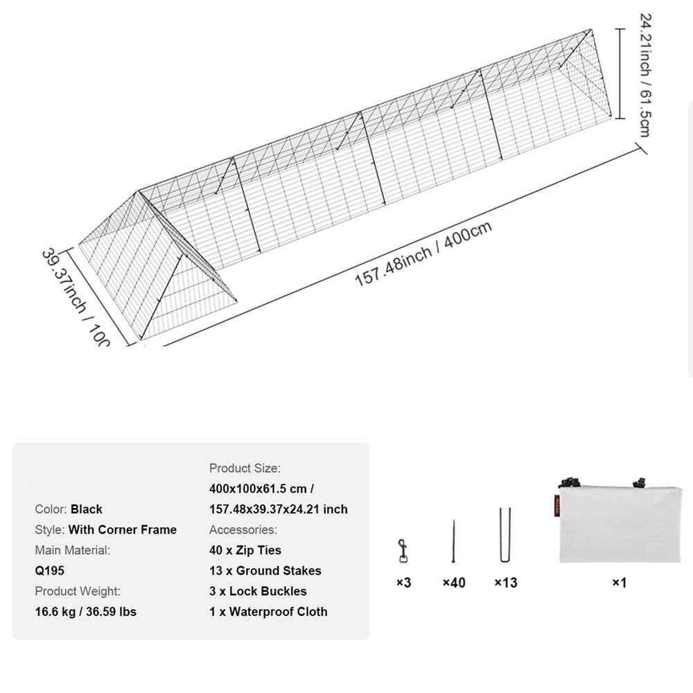 ATENGNES 157.5 in. x 39.4 in. x 24.2 in. Outside Portable Chicken Tunnels with Corner Frames Fence Kit for Ducks, Rabbits