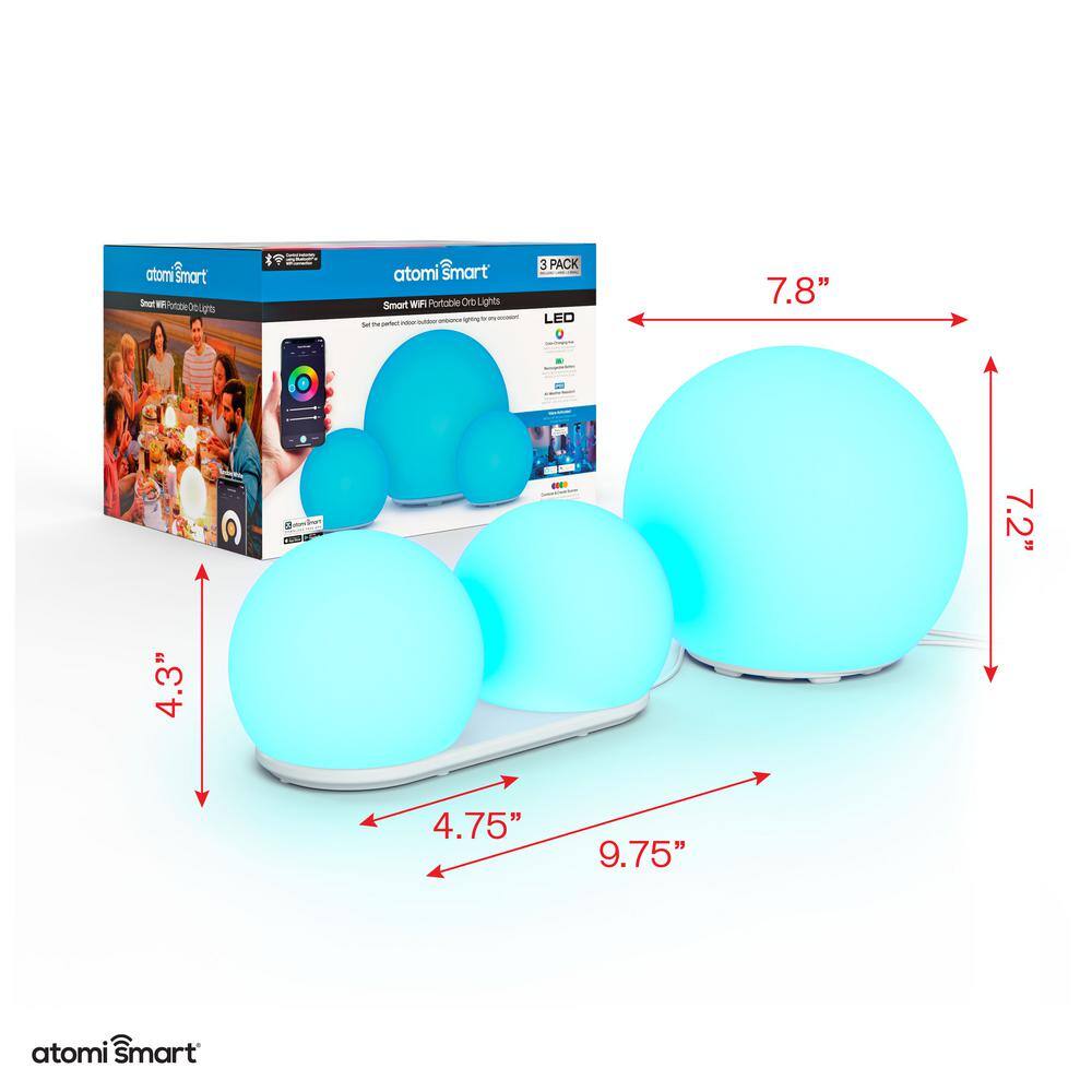 atomi smart Smart Wi-Fi Portable LED Orb 7 in. Multi-Color Lamp with Smart Wi-Fi Control (3-Pack)