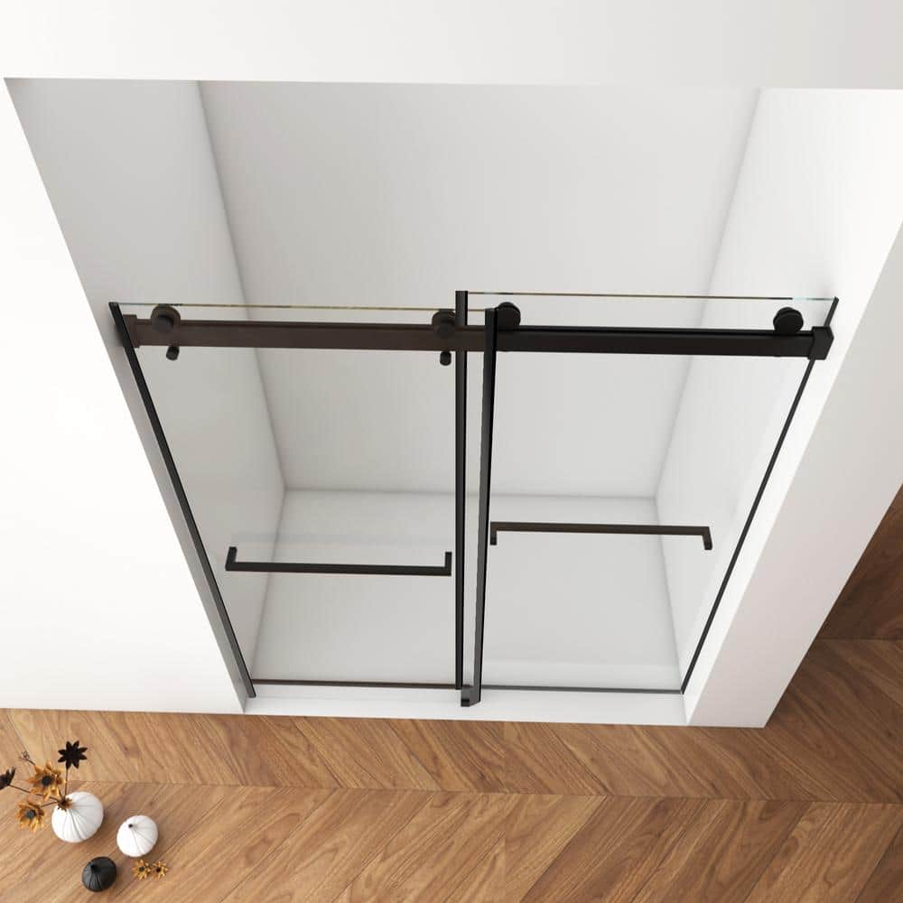 AZDHOME 56 - 60 in W x 70 in H Dual Sliding Frameless Soft-Close Shower Door in Matte Black with Laminated Tempere Clear Glass